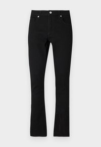 Jeans en denim noir avec une coupe droite, un design à cinq poches et des accents en métal argenté. Le tissu a une texture lisse avec une légère décoloration.