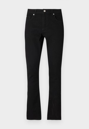 Črne jeans hlače ravnega kroja, zasnovane s petimi žepi in srebrnimi dodatki. Tkanina ima gladko teksturo z rahlim zbledelostjo.