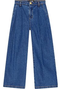 Pantaloni in denim a gamba larga di un blu medio. Presentano una parte anteriore plissettata, vita standard e orli doppi cuciti. Realizzati in tessuto di cotone testurizzato.