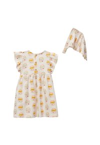 Robe en coton de couleur claire avec des manches courtes et flottantes, affichant un motif répétitif de sacs en jaune, orange et vert. Comprend un foulard assorti.