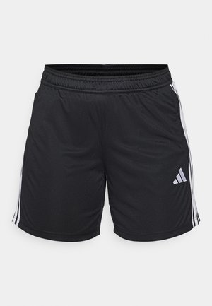 Calções atléticos pretos com uma textura leve e suave. Apresentam riscas brancas nas laterais e um pequeno logótipo prateado no canto inferior esquerdo. Cintura elástica.