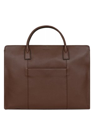 Cartella in pelle marrone con doppio manico superiore, forma rettangolare, finitura testurizzata e una tasca frontale per riporre oggetti.