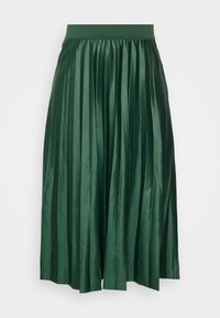 Tummanvihreä pliseerattu midi-hamonen, jossa on leveä joustovyötärö ja kiiltävä kangas, esitelty valkoisella taustalla.