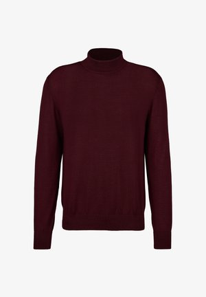 Burgunderfarbener Strickpullover mit Rollkragen, langen Ärmeln, gerippten Bündchen und einem taillierten Bund, der eine glatte Textur und ein schlichtes Design aufweist.