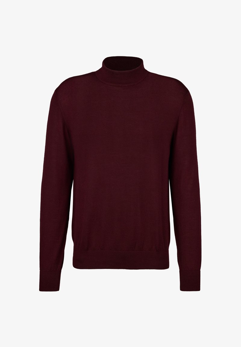 Burgunderfarbener Strickpullover mit Rollkragen, langen Ärmeln, gerippten Bündchen und einem taillierten Bund, der eine glatte Textur und ein schlichtes Design aufweist.