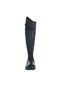 Tall black rubber and textile riding boot with textured grip sole and adjustable strap near the top, shown from the front.