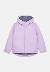 Ljubičasta kapuljača s izolacijom i prednjim zatvaračem, dva džepa i logotip The North Face na prsima, dizajnirana za hladno vrijeme.