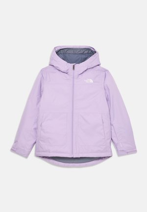 Ljubičasta kapuljača s izolacijom i prednjim zatvaračem, dva džepa i logotip The North Face na prsima, dizajnirana za hladno vrijeme.