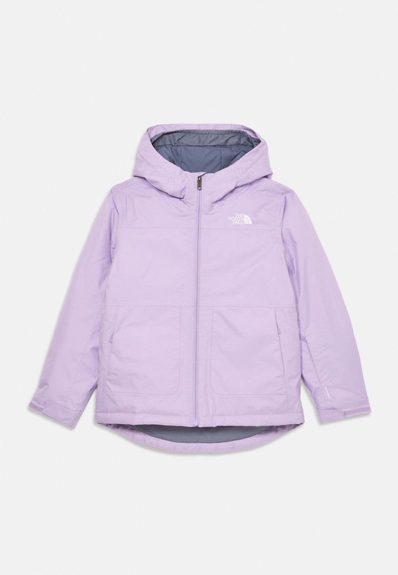 Ljubičasta kapuljača s izolacijom i prednjim zatvaračem, dva džepa i logotip The North Face na prsima, dizajnirana za hladno vrijeme.
