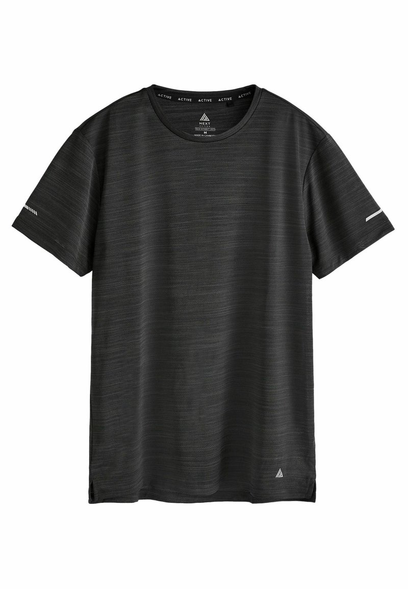 T-shirt de sport noir uni à manches courtes avec petit logo blanc près de l’ourlet et fines bandes réfléchissantes sur les manches, col rond.