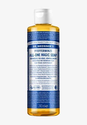 Dr. Bronners 240 ml flaske med All-One Magic Soap, duft av peppermynte, med detaljert flerspråklig tekst og ingrediensliste på etiketten.