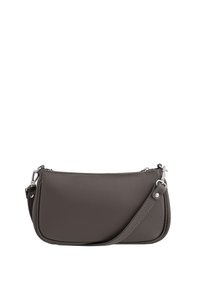 Borsa a pochette grigia in pelle con finitura texturizzata, dotata di chiusura con zip e tracolla regolabile. Forma compatta e rettangolare con bordi lisci.