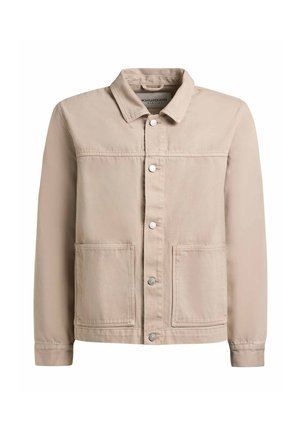 Smėlio spalvos švarkas su apykakle, dvi didelės frontalinės kišenės, ilgomis rankovėmis ir matomomis siūlių detalėmis.