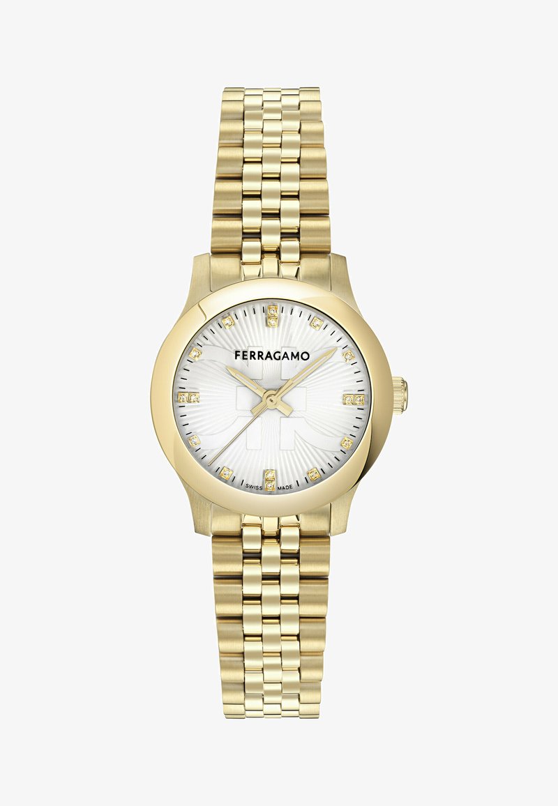 Kuld Ferragamo käekell valge sihiku, teemantist tunni markerite, kullast käte ja ühendatud metallist rihmaga.