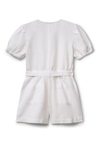 Romper bianco a maniche corte con vita sfiancata, con tasche, leggermente a sbuffo e realizzato in un tessuto liscio e testurizzato.
