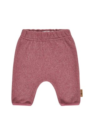 Soft pink toddler pants with elastic waistband and a small fabric brand tag on the right side.