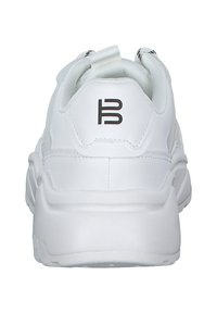 White sneaker featuring a smooth leather exterior, rounded shape, padded collar, and a black logo detail on the heel.