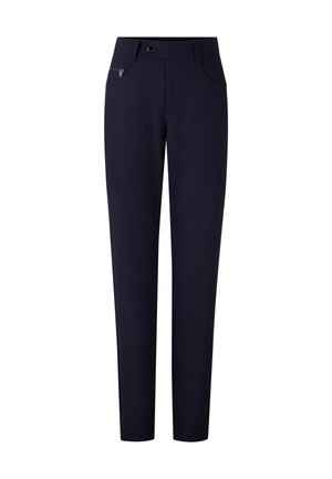 Pantalons bleu marine en tissu lisse, avec une poche zippée à l'avant, une taille à bouton et une coupe ajustée.