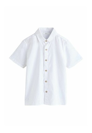 Weißes Kurzarmhemd aus Leinen mit strukturiertem Kragen und einer vorderen Knopfleiste mit beigen Knöpfen. Glatte Textur, minimalistisches Design.