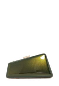 Angular green metallic clutch with a glossy finish and a textured silver clasp. Features a smooth texture and a minimalist design.