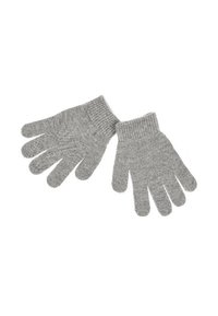 Guanti lavorati a maglia grigi con polsini a coste, caratterizzati da una texture liscia e un motivo distribuito uniformemente sulla superficie. Design a cinque dita.