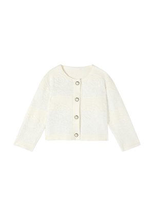 Hellcremefarbener Strickcardigan mit langen Ärmeln, rundem Ausschnitt und vier silberumrandeten Knöpfen vorne.