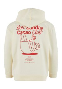Felpa con cappuccio color crema che presenta una grafica rossa di una persona che si rilassa in una tazza, con il testo "Slow Sunday Cacao Club" sul retro.