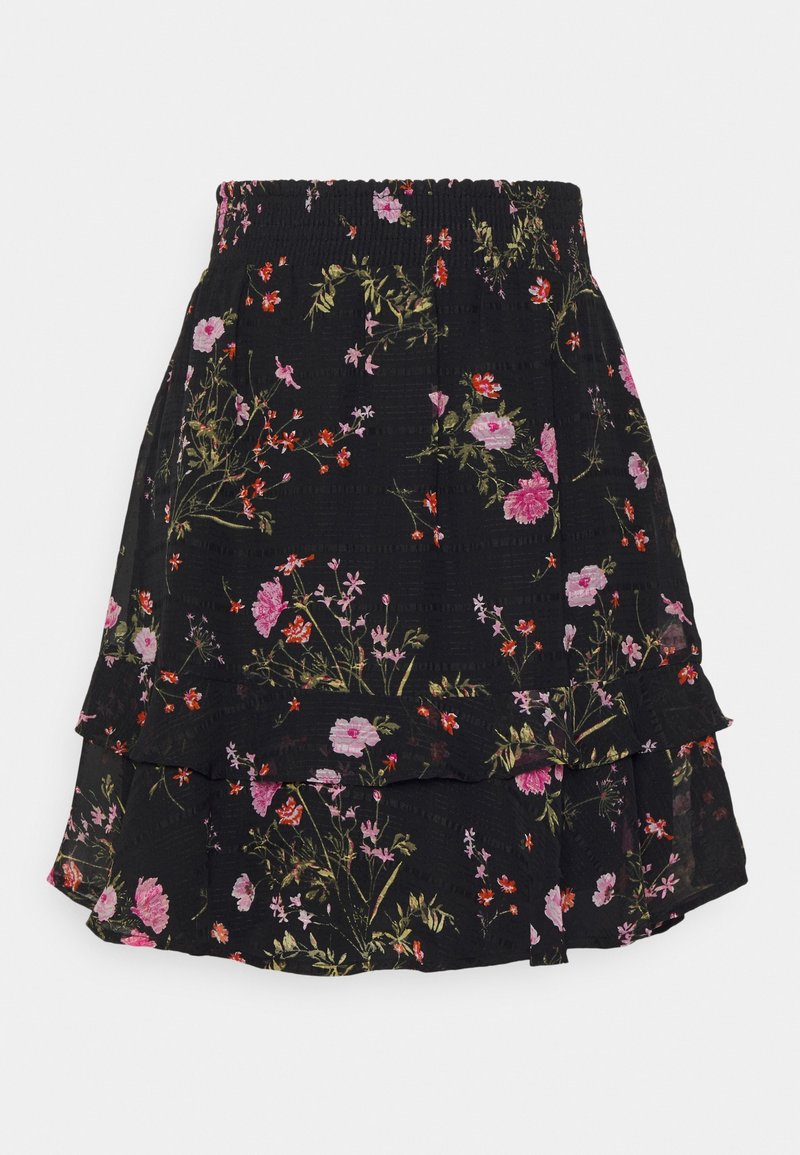 Jupe noire à volants superposés avec des motifs floraux roses, rouges et verts et une ceinture élastique smockée.