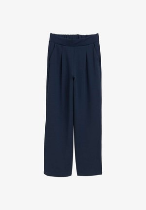 Pantalons à jambes larges bleu marine avec une taille haute élastique, comportant deux poches latérales et des détails plissés pour une texture ajoutée.
