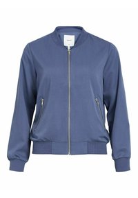 Giacca bomber in tessuto blu navy tinta unita, con cerniera frontale, due tasche laterali con zip, polsini a coste e fascia in vita per una vestibilità aderente.