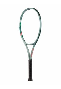 Green and teal tennis racket with a unique oval head shape, black textured grip, and red accents indicating brand name.