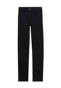 Pantaloni in denim nero con una vestibilità a gamba dritta. Presentano una chiusura con bottone anteriore, due tasche e dettagli di cucitura minimi.