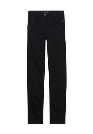 Schwarze Denim-Hosen mit geradem Bein. Sie verfügen über einen vorderen Knopfverschluss, zwei Taschen und minimale Nähte.