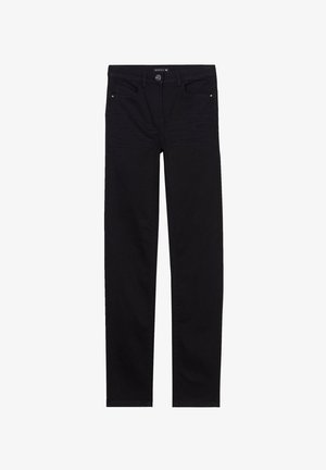 Schwarze Denim-Hosen mit geradem Bein. Sie verfügen über einen vorderen Knopfverschluss, zwei Taschen und minimale Nähte.