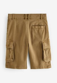 Khaki cargo shorts yang terbuat dari campuran katun, dilengkapi dengan dua saku samping, satu saku belakang, dan loop sabuk. Tekstur halus dengan potongan lurus.
