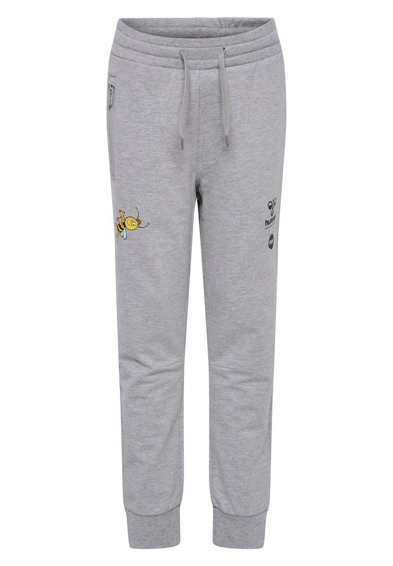 Grijze sweatpants van een katoenmix, met een elastische tailleband met koord, zijzakken en kleurrijke bijenmotieven.