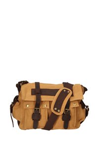 Borsa a tracolla in tela beige con dettagli in pelle marrone, tracolla regolabile, patta frontale, borchiette metalliche e molteplici tasche frontali.