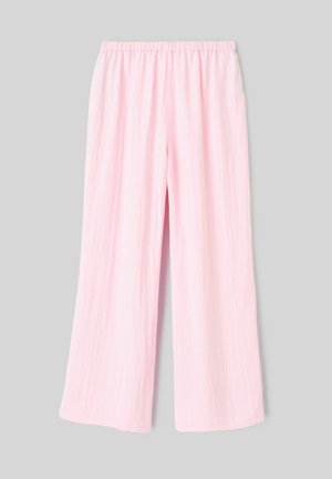 Pantalon à jambes larges rose clair avec ceinture élastique, fabriqué en tissu léger légèrement texturé, présenté sur un fond gris.