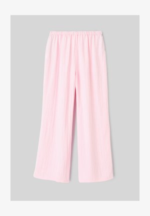 Pantalon à jambes larges rose clair avec ceinture élastique, fabriqué en tissu léger légèrement texturé, présenté sur un fond gris.