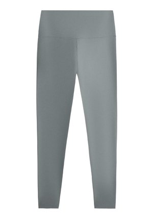 Grå leggings i fuld længde med høj talje, glat stof og uden synlige mønstre eller logoer.