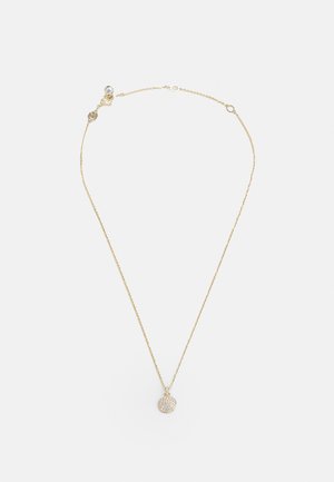 Gold-tone necklace with a delicate chain and a round pendant featuring a cluster of small sparkling details. Minimalist design.