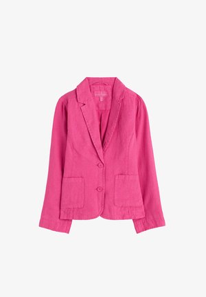 Blazer de lino en fucsia con solapa de muesca, dos bolsillos frontales y dos botones. Presenta un respaldo con una abertura y mangas largas.