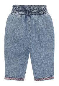 Pantaloni in denim con un elastico arricciato in vita, lunghezza cropped e orlo ricamato a scallop rosa. Tessuto in blu chiaro con effetto lavato.