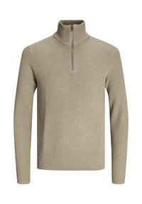 Pull beige en maille côtelée à manches longues, col montant et fermeture éclair frontale à moitié, présenté sur fond blanc.