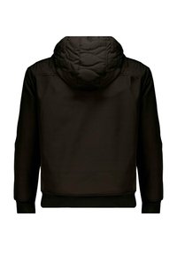 Zwarte jas met een capuchon, voorzien van een gewatteerde binnenvoering, geribde manchetten en een casual pasvorm. Glad materiaal met een matte afwerking.