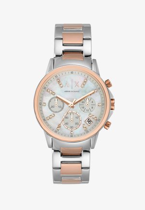 Stříbrné a růžově zlaté hodinky Armani Exchange s perleťovým ciferníkem, krystalovými indexy hodin, třemi subciferníky a zobrazením data nastaveným na 16.