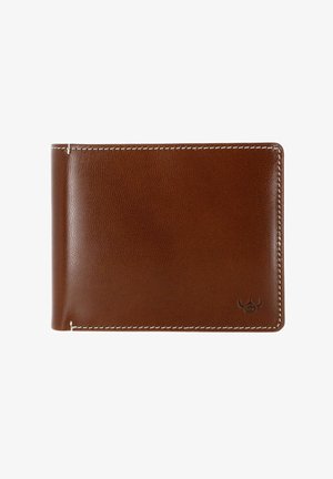 Brown leather wallet with white stitching and a small embossed bull logo in the bottom right corner on a white background.