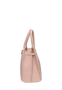 Borsa in pelle rosa con doppi manici, hardware dorato e design strutturato. Presenta una finitura testurizzata e una chiusura con zip.