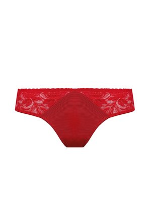 Czerwone koronkowe i siateczkowe damskie majtki typu bikini o niskim stanie, z kwiatowymi wzorami na pasku.