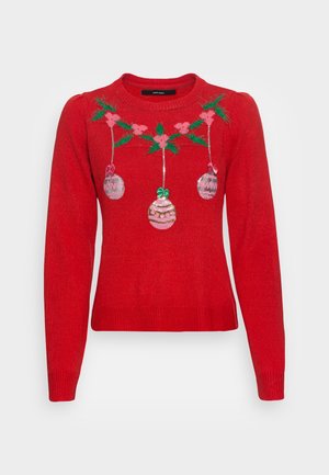 Rode gebreide trui met een ronde halslijn, lange mouwen en geborduurde feestversieringen met groene bladeren en roze accenten.